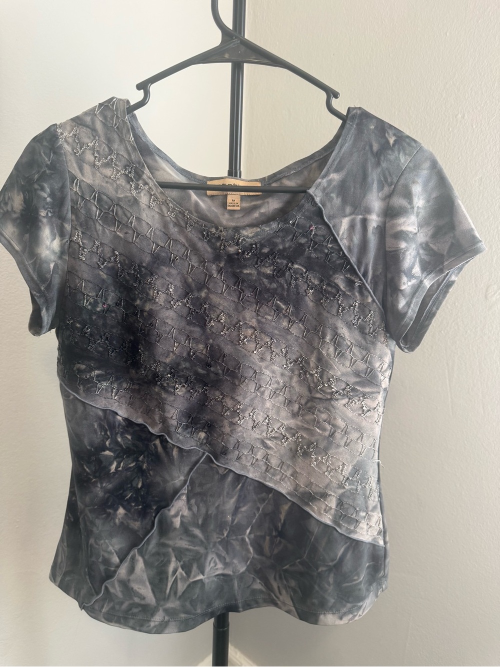 Notations Gray Tie-Dye Short Sleeve Top with Embellished Stitching